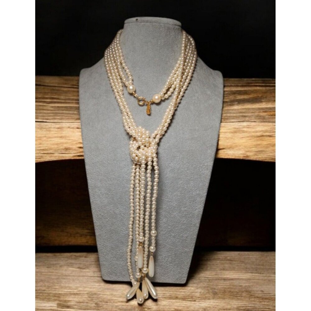 Vintage Liz Claiborne Necklace Long Imitation Pearl Beads Open Front Necklace